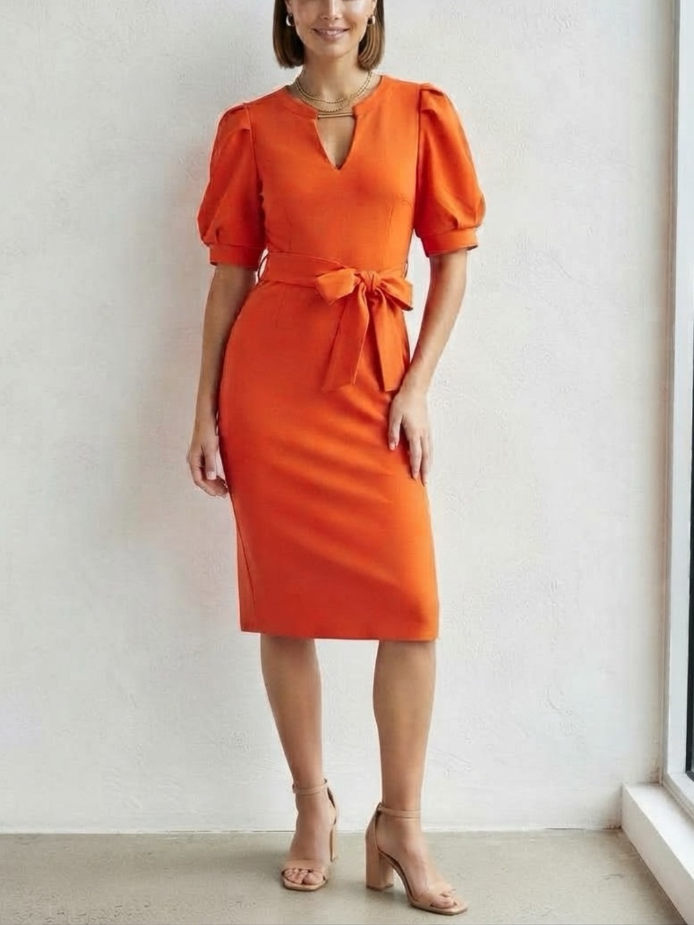 NY&C Puff Sleeve Tie Waist Midi Dress in Orange Size Small